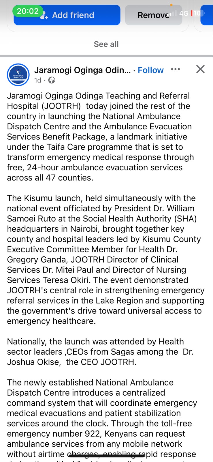 Ambulance launch at JOOTRH, Kisumu